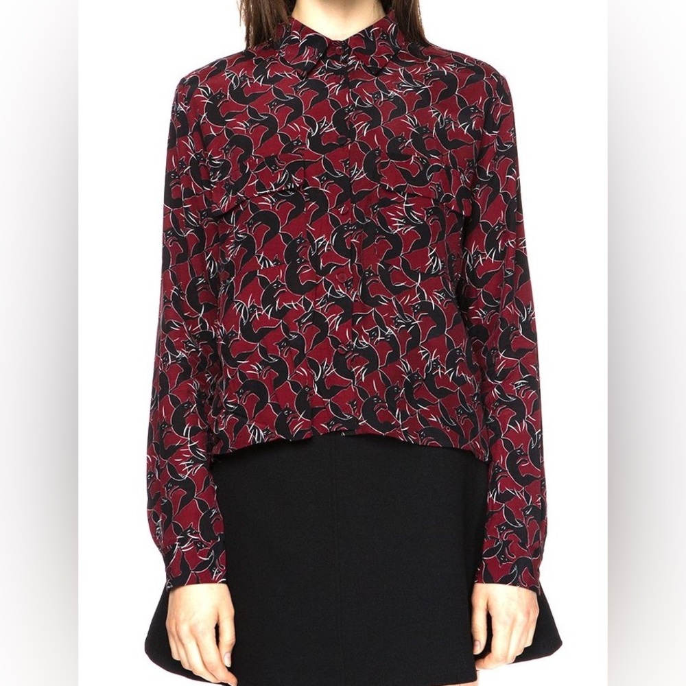 Sister Jane Novelty Print Foxes Maroon Button Up Blouse Size S
